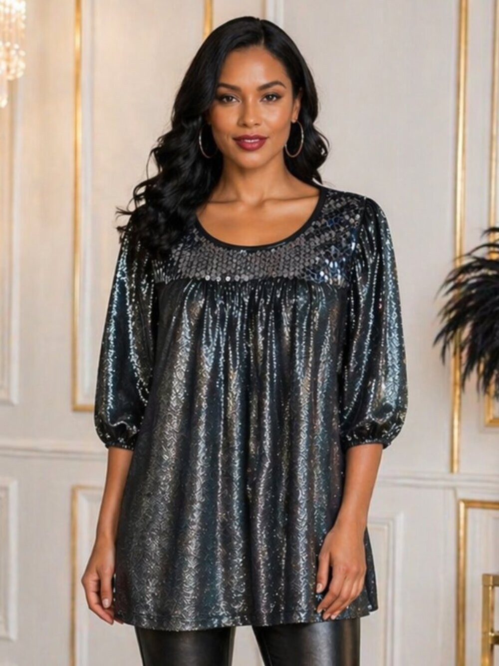 John Paul Richard Silver Sparkle Sequin Blouse Size Medium Dressy Chic Flowy
